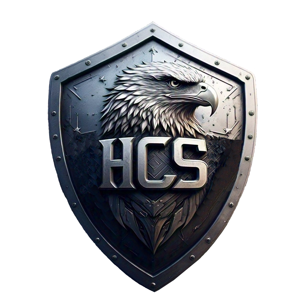 HCS Shield logo. Mettle Shield with letters HCS imprinted on body of Eagle with head popping out of shield.